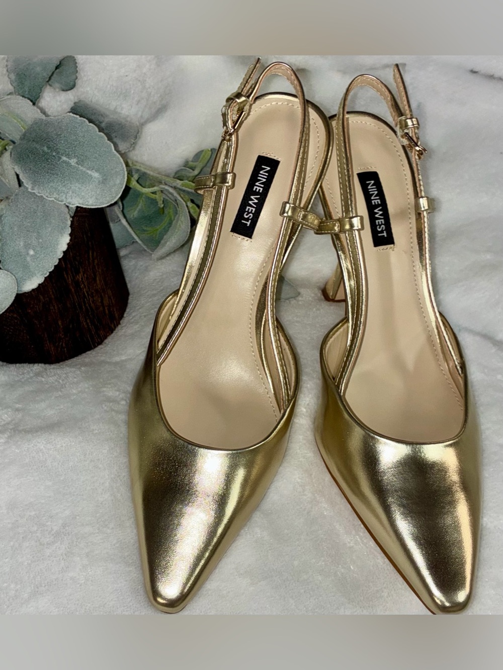 Nine West Vassa Metallic Gold Pointed Toe Slingback Pumps Heels